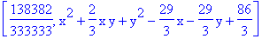 [138382/333333, x^2+2/3*x*y+y^2-29/3*x-29/3*y+86/3]